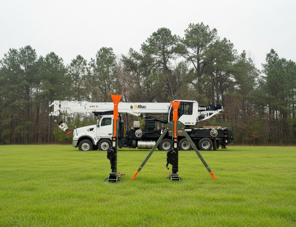 Two Emergency Tree Jacks on a grassy field with a crane in the background.