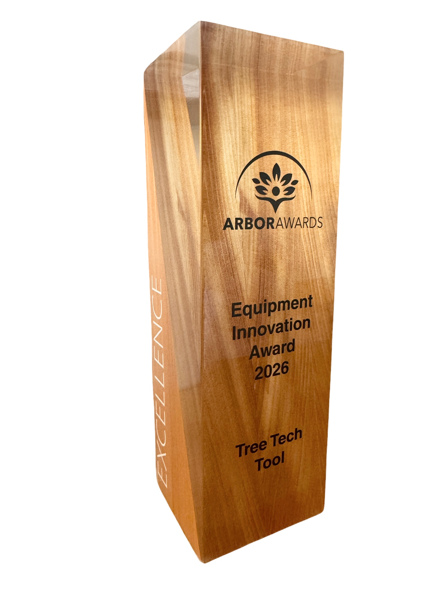 Tree Tech Tools wooden award with 'Arbor Awards' branding for Equipment Innovation Award.