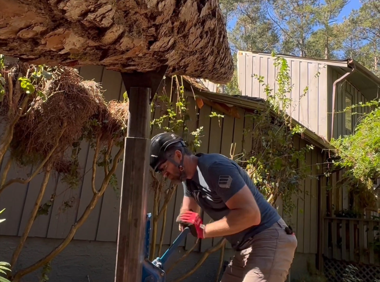 Arborist lifting a fallen tree off the house using an Emergency Tree Jack.